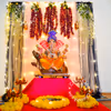 Ganpati Bappa Decoration with LED Lights and Flowers Backdrop