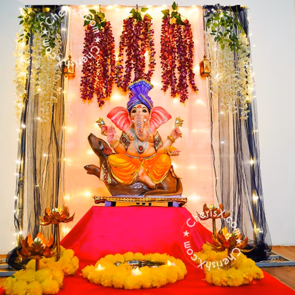 Ganpati Bappa Decoration with LED Lights and Flowers Backdrop