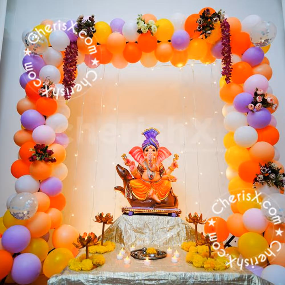 Ganpati Idol Decoration with LED Lights & Balloon Frame