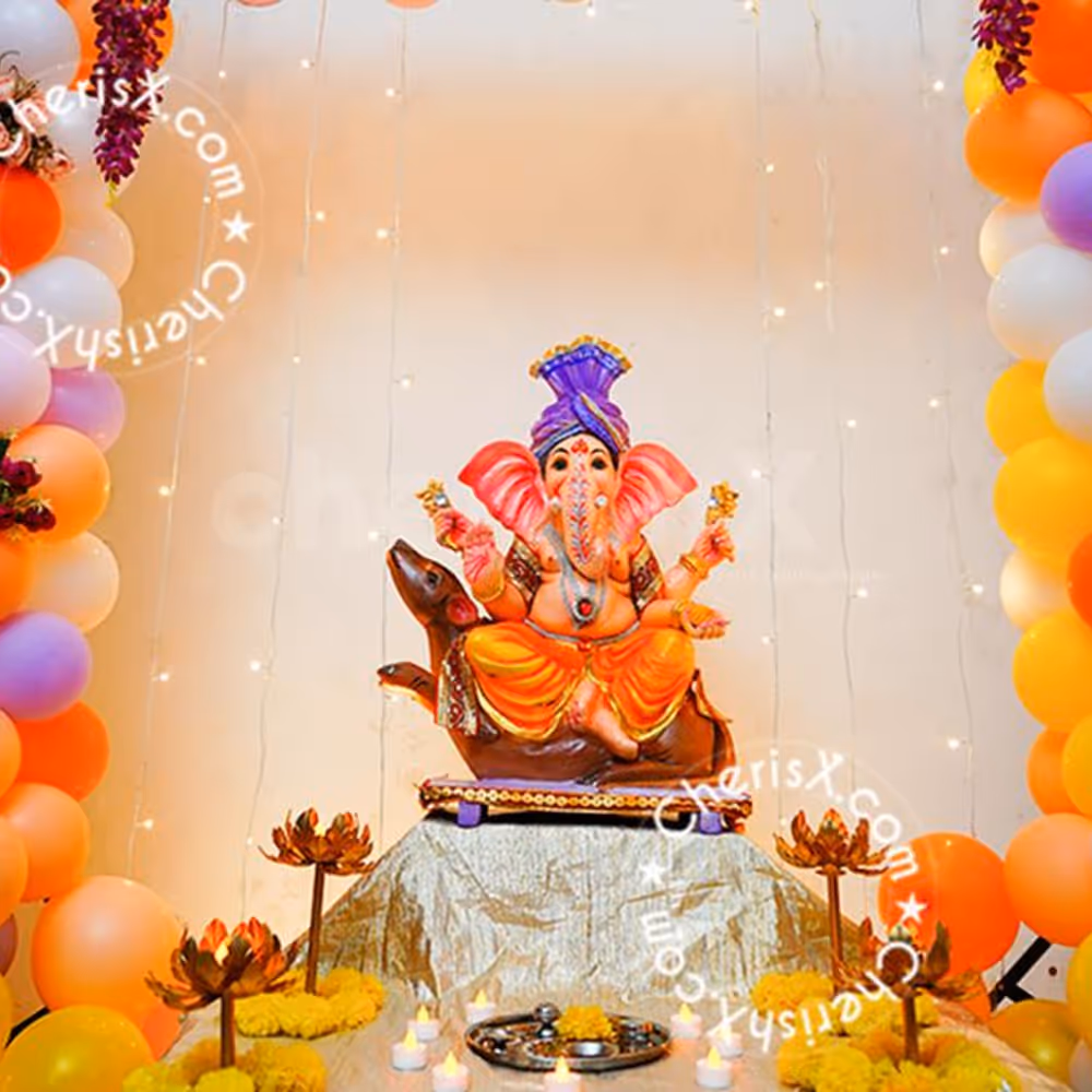 Ganesh Puja Room Decoration with Red, Purple, White Balloons
