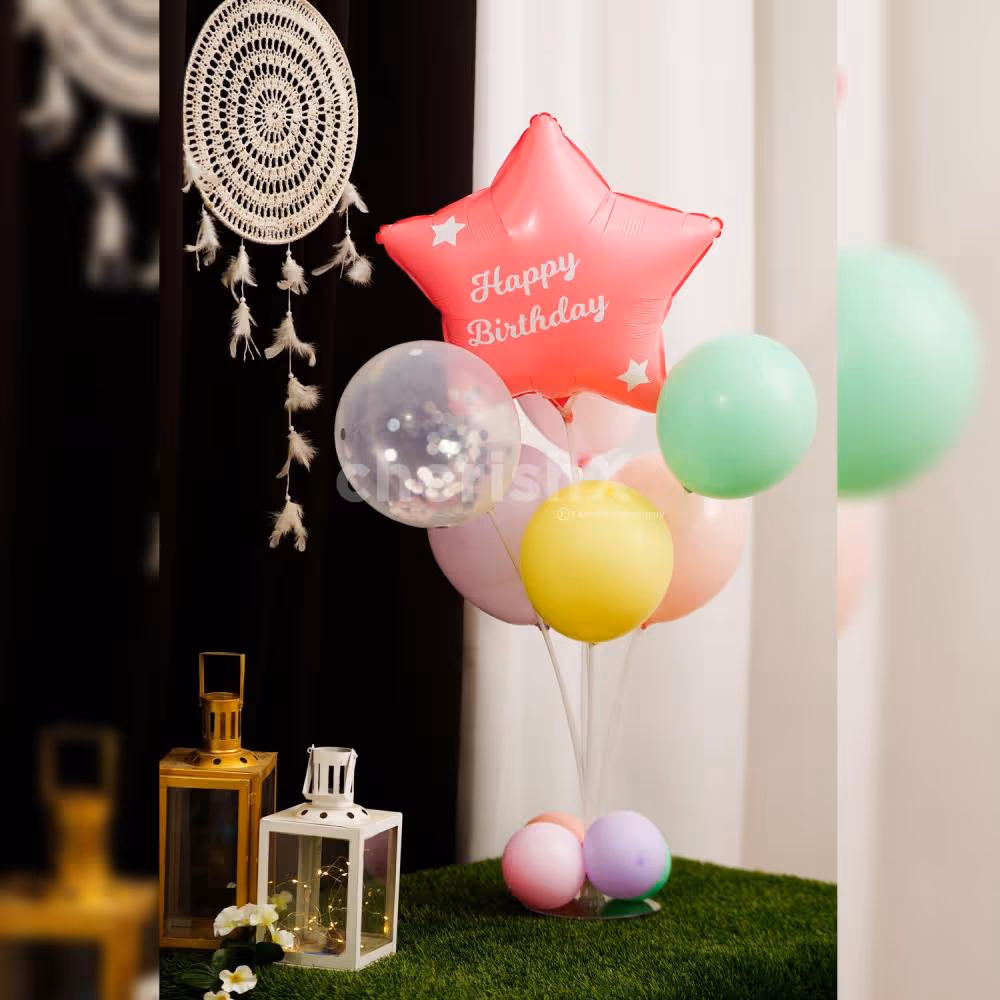 A pleasing and memorable gift choice is the Pastel Star birthday balloon bouquet