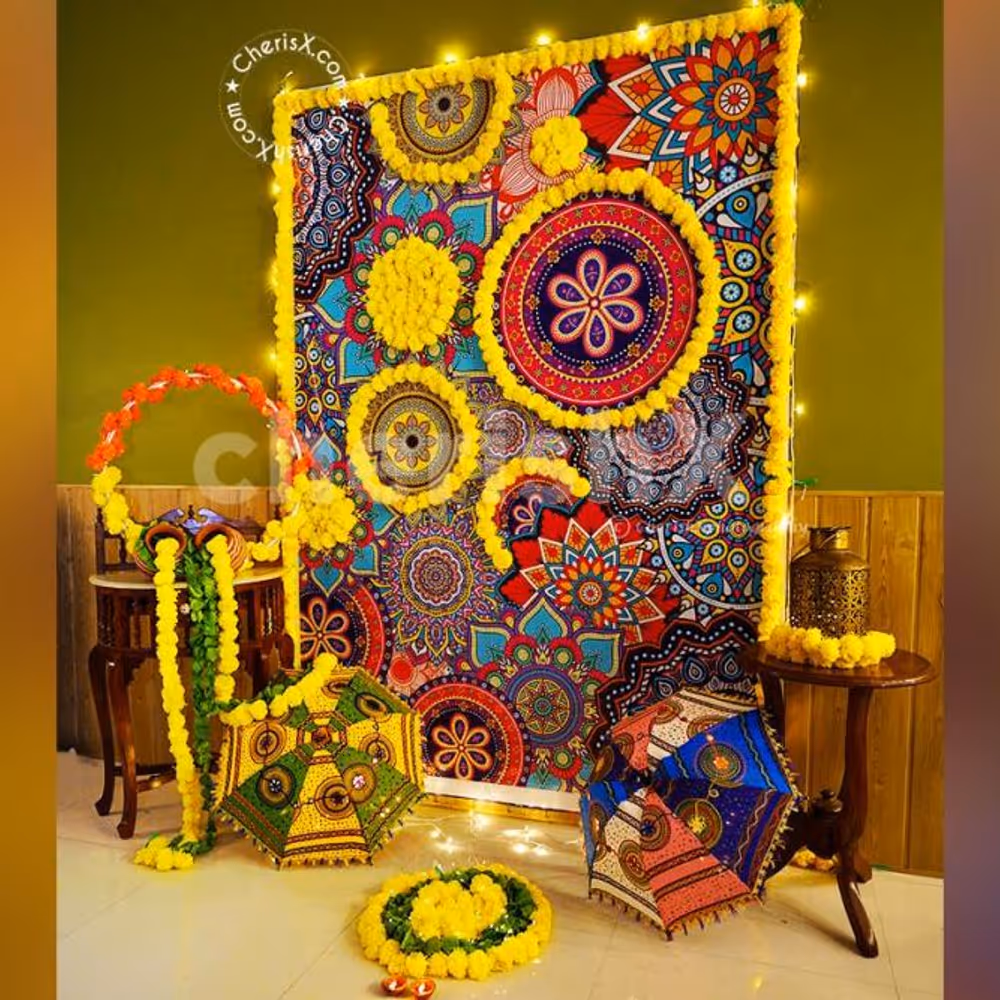 A Round Photo Selfie Frame Decorated with Flower Garlands and a battery-operated Light.