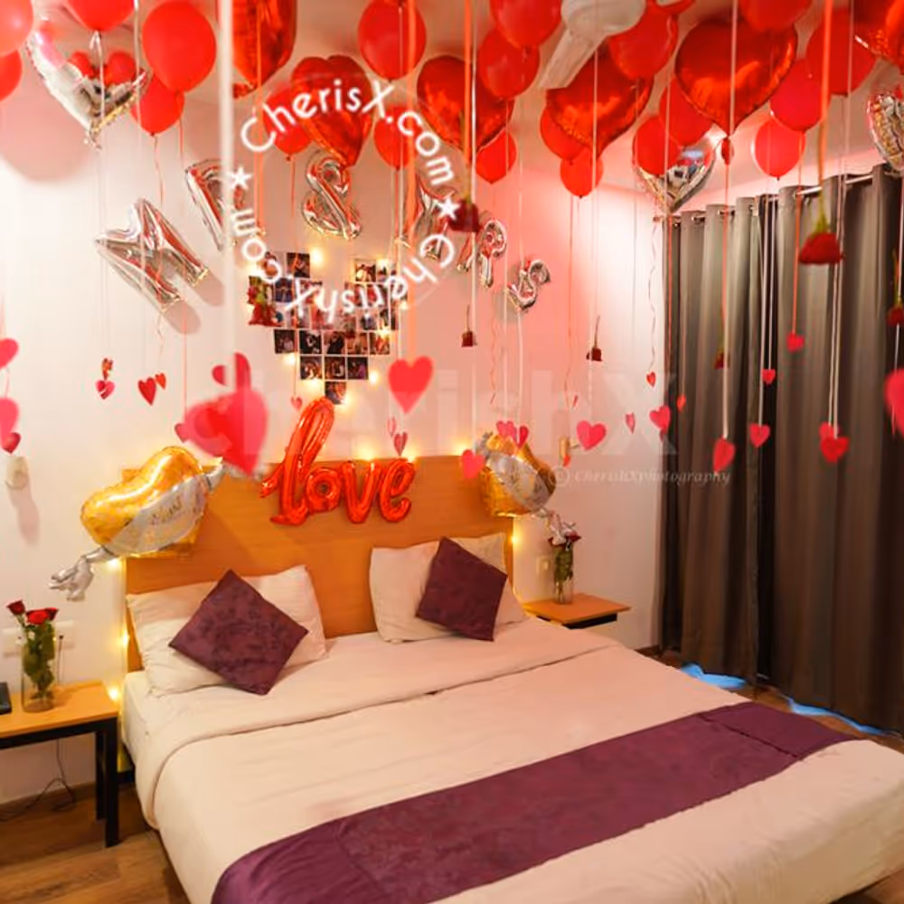 The red roses and balloons make the night romantic
