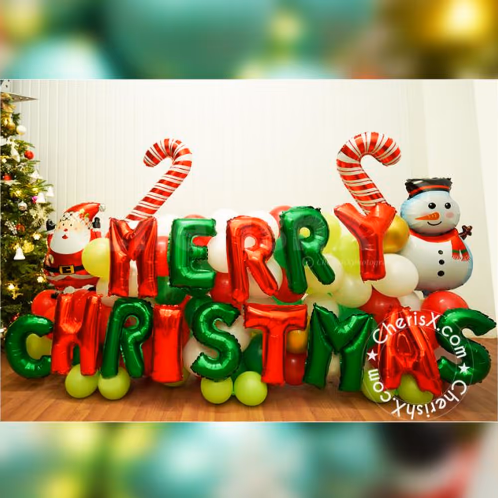 This cheerful display of balloons adds colour and joy to Xmas night