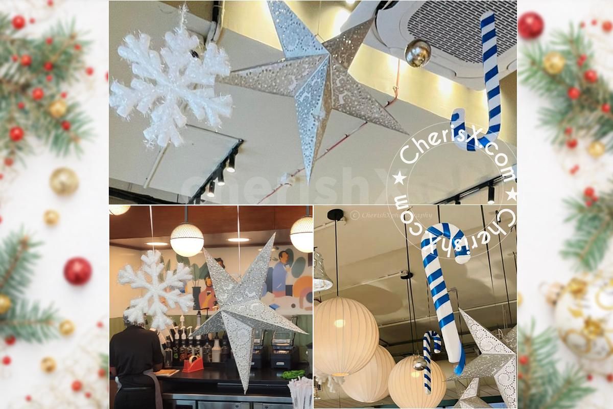 This cheerful display of hangings on the celling adds color and joy to Xmas night