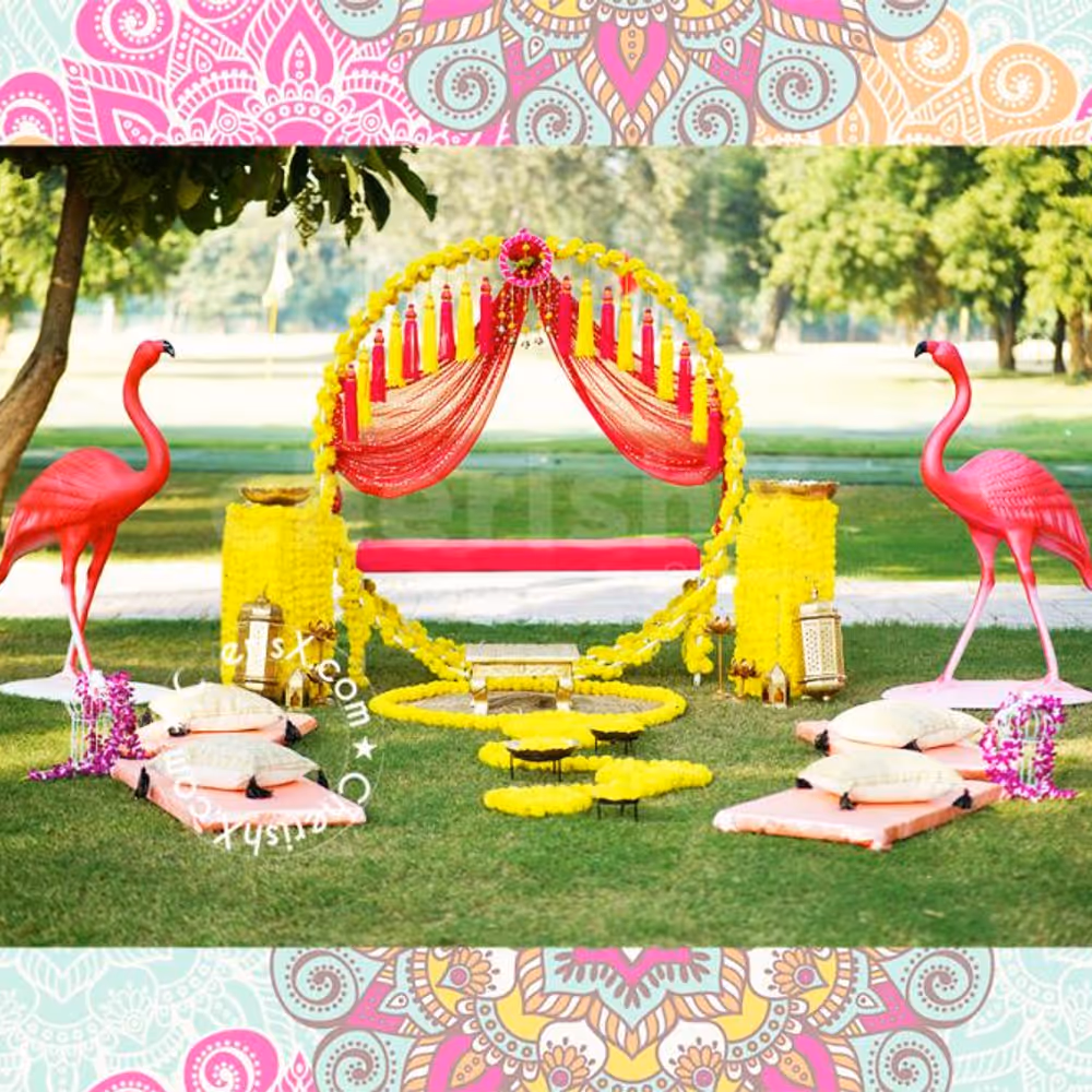 The decorated Jhula is the center of attention in this décor theme