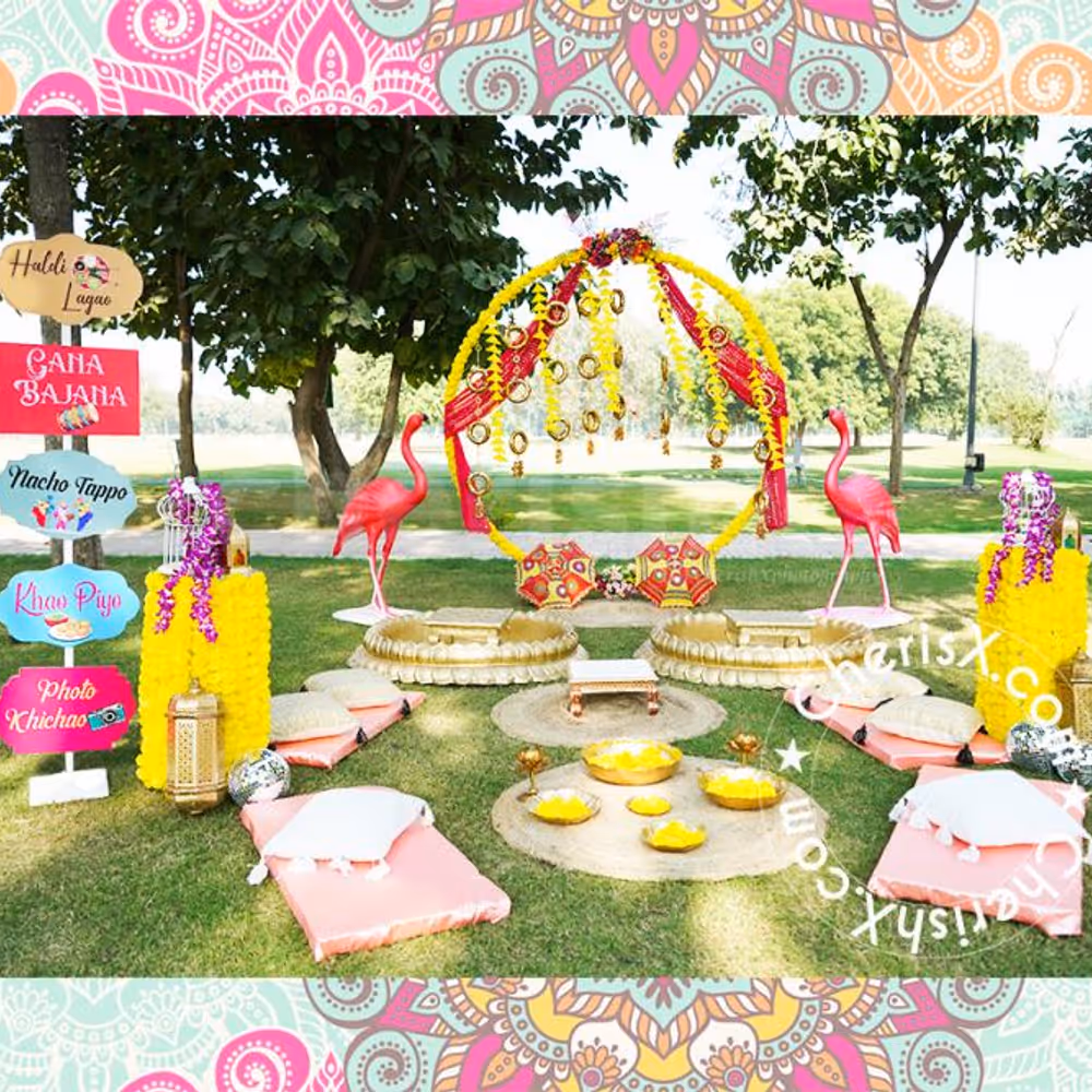 The 3 golden chowkis add elegance to the haldi celebration