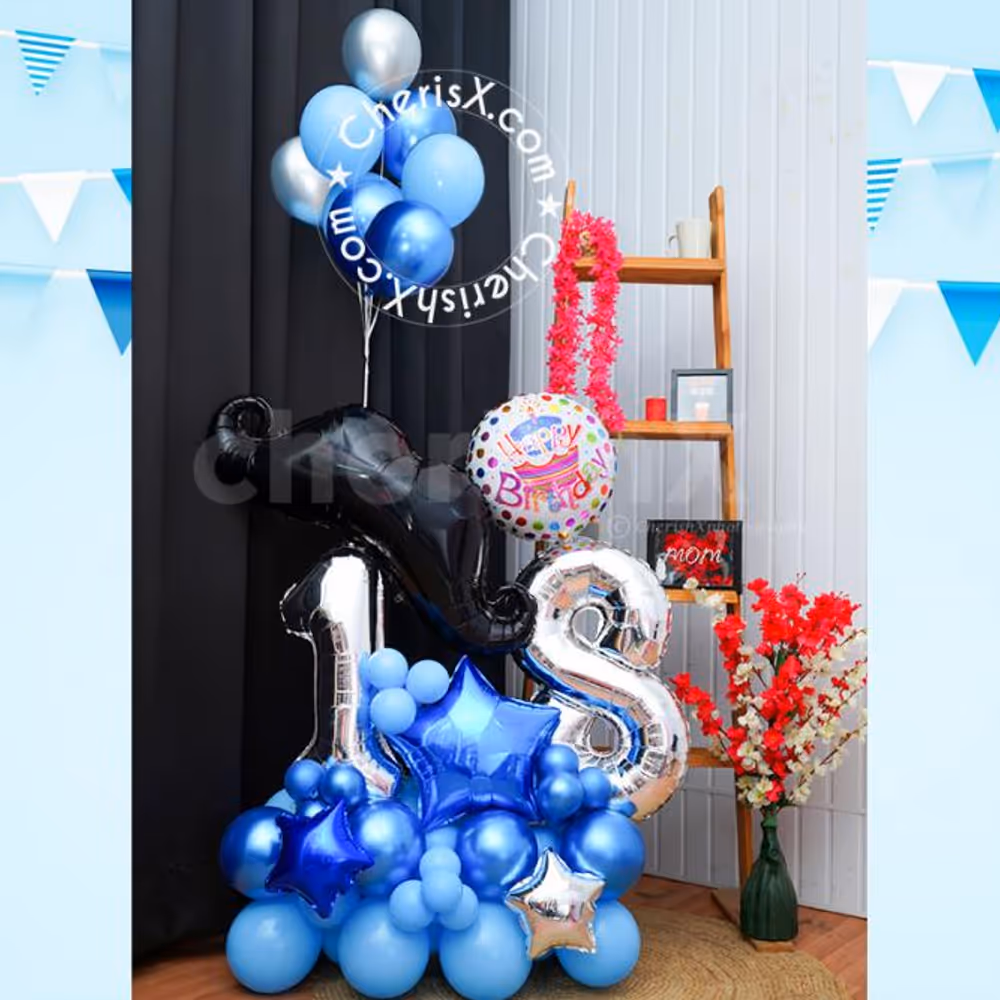 The blue and silver helium balloons on the bouquet are an outstanding addition