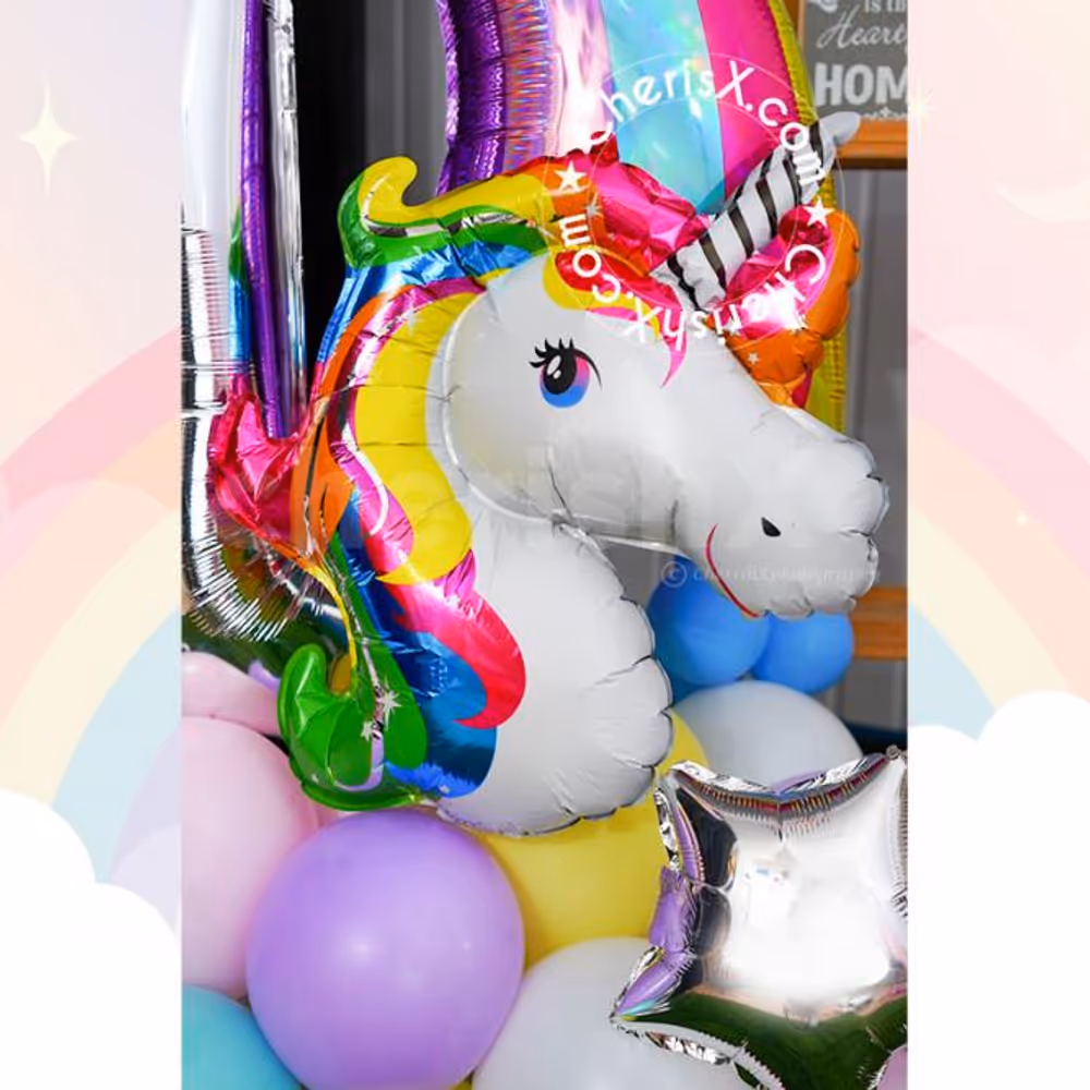 Unicorn Theme Balloon Bouquet adds charm to the occasion of the first birthday celebrations!