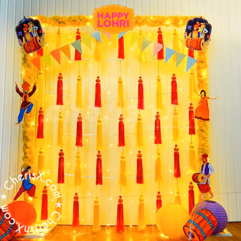 The Lohri theme paper cutouts make it bright and festive