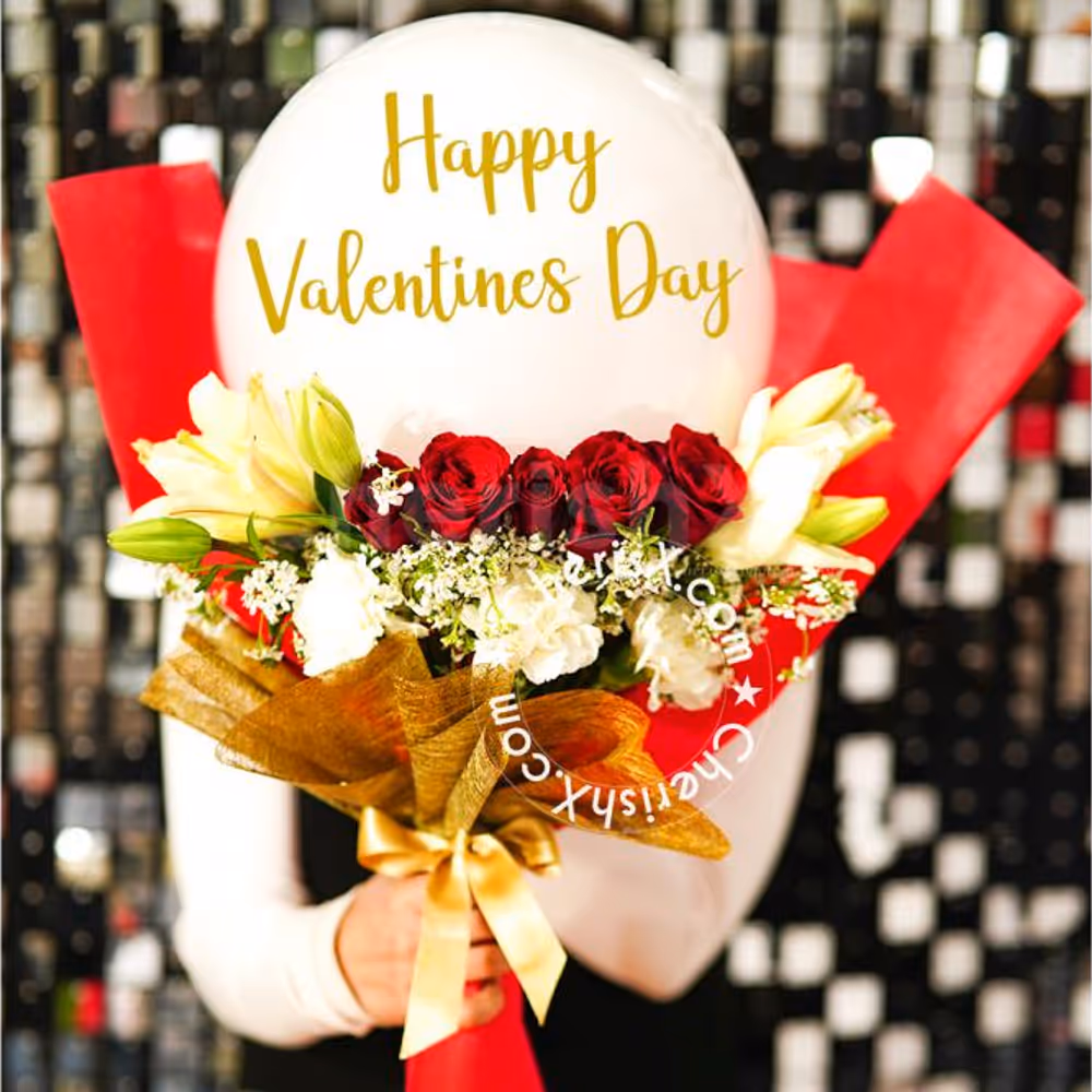 Romance this anniversary with this elegant bouquet of flowers and balloons