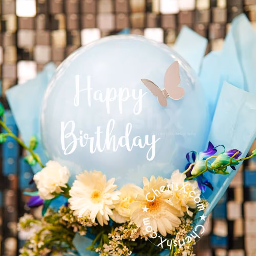 The pastel balloons in the bouquet are charming for the birthday occasion