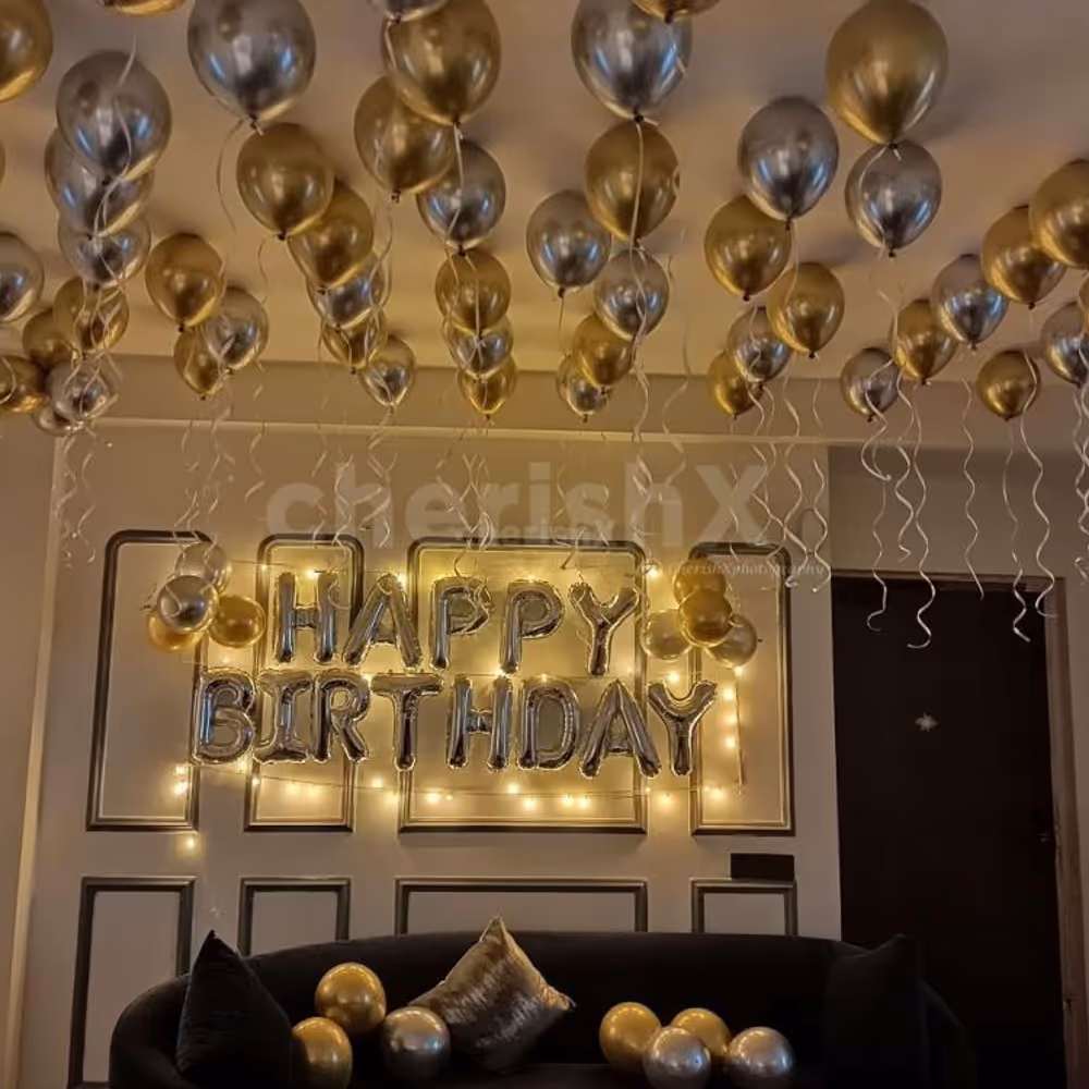Beautiful birthday decoration with Golden and silver chrome balloon.