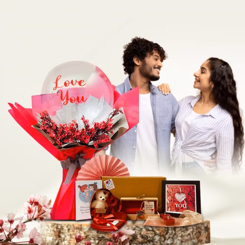 A red flower bouquet with balloons will be an exceptional gift this Valentine’s