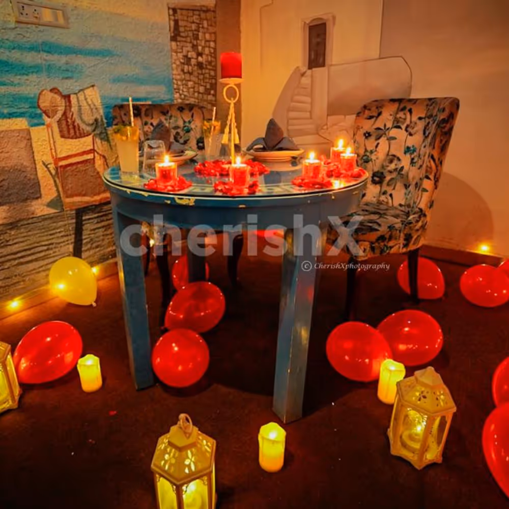 The decorations with roses and candles set the romantic vibe.