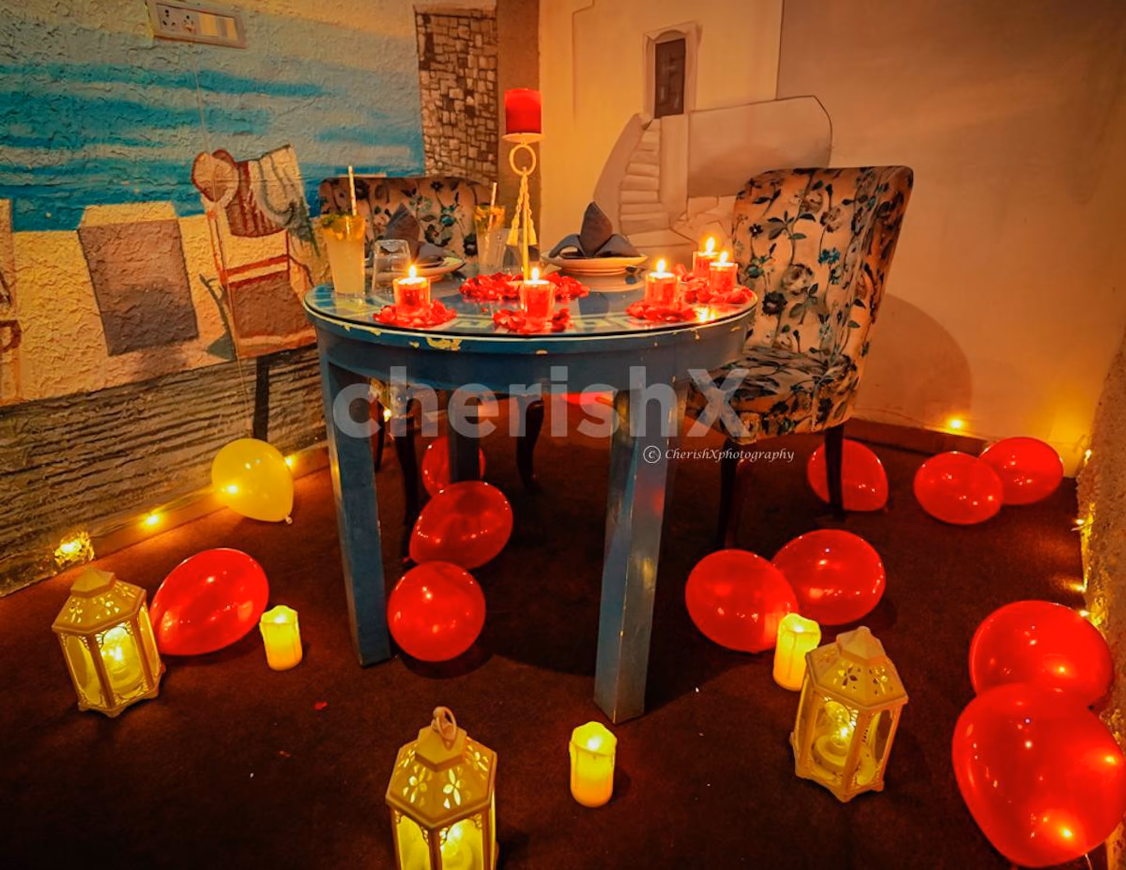 The decorations with roses and candles set the romantic vibe.