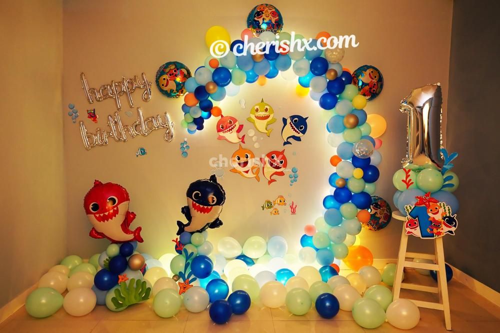 Happy Birthday Foil Balloons for Baby Shark Themed Room Decoration.