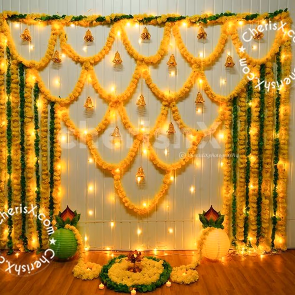 Yellow And Green Garlands Haldi And Mehndi Decor