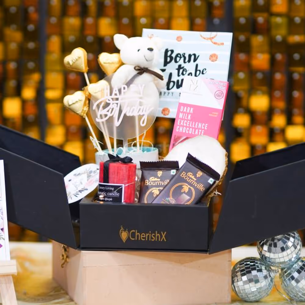 The stunning birthday hamper in a black box brings absolute happiness and delight