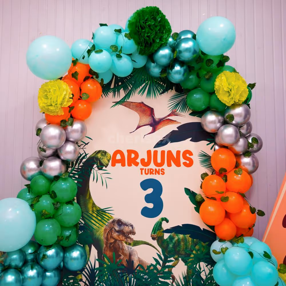 Our colourful balloon background is perfect for a dinosaur-theme birthday party