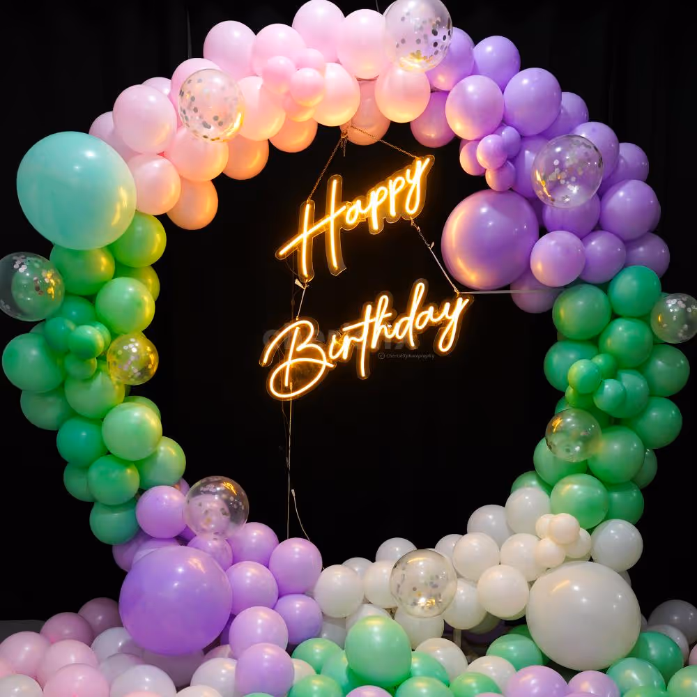 The hanging neon light offers a lit look.