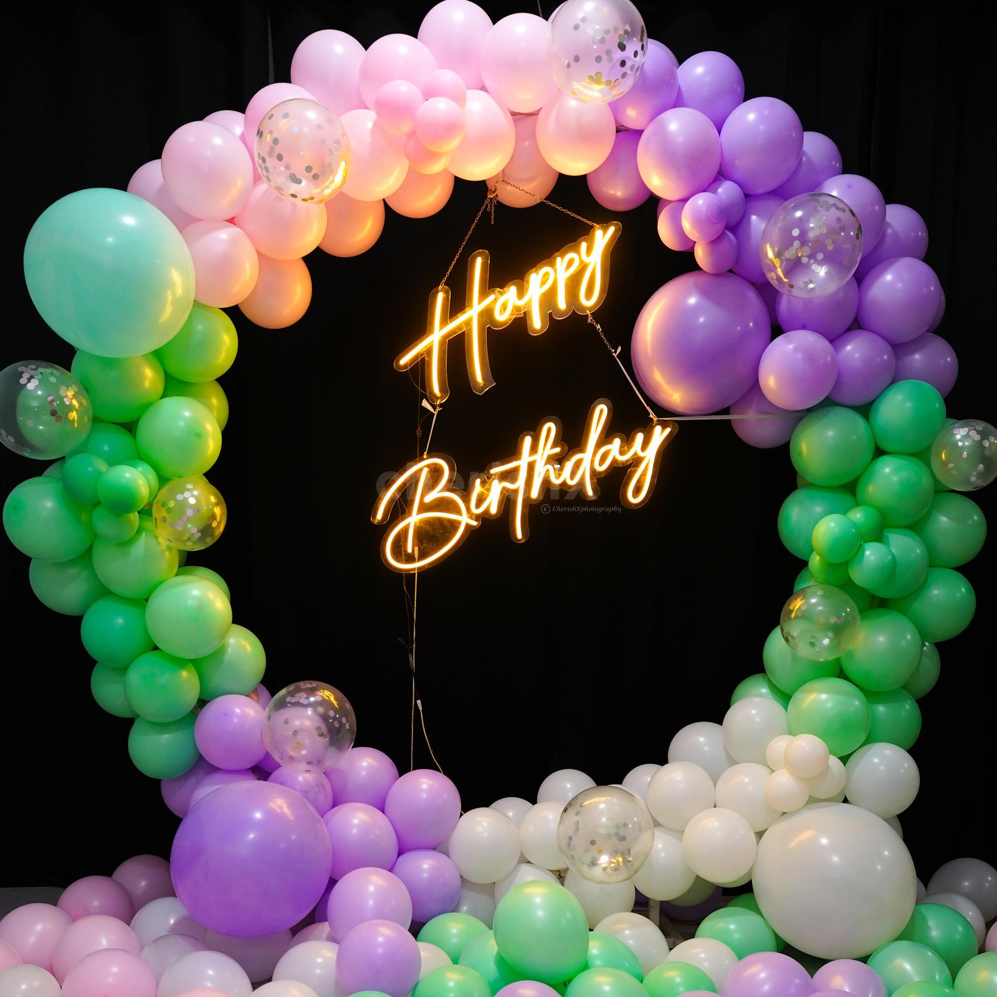 The hanging neon light offers a lit look.