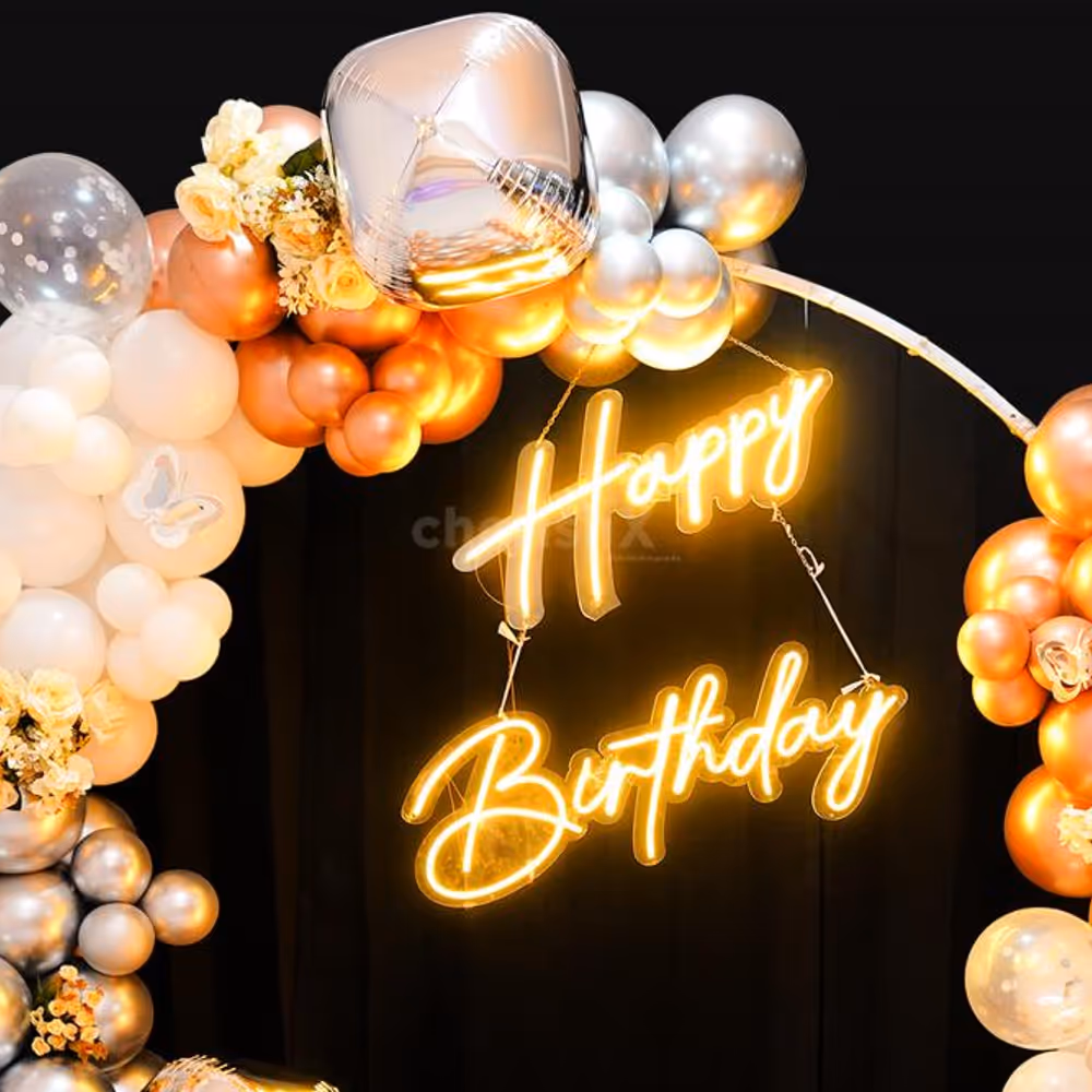 It will transform any space into a magical wonderland with our flowing balloons and happy birthday neon light