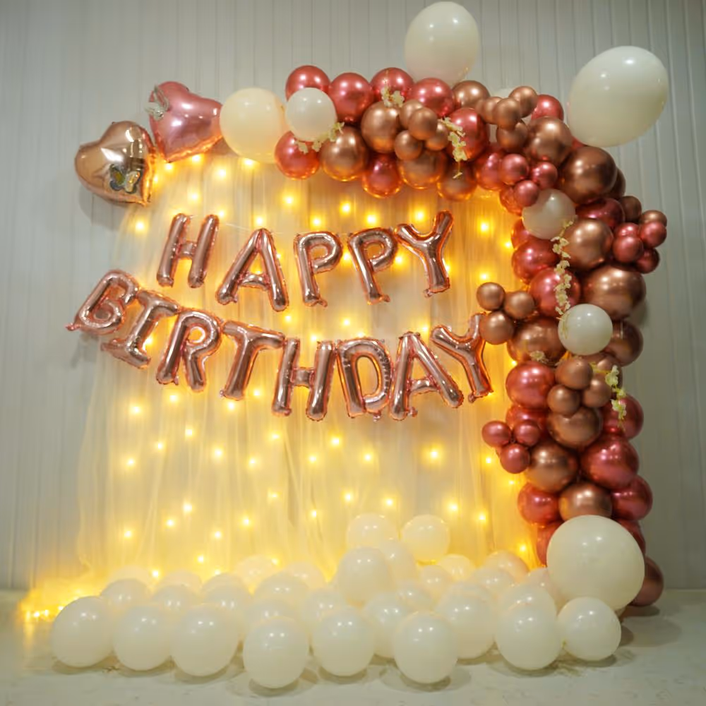 A stunning backdrop adorned with radiant rose-shaped decorations creates an ethereal atmosphere of elegance and charm.