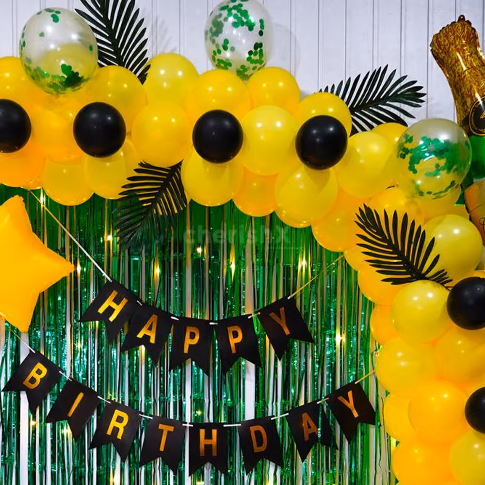 The vibrant yellow balloons and elegant green curtains transform your party ambience.