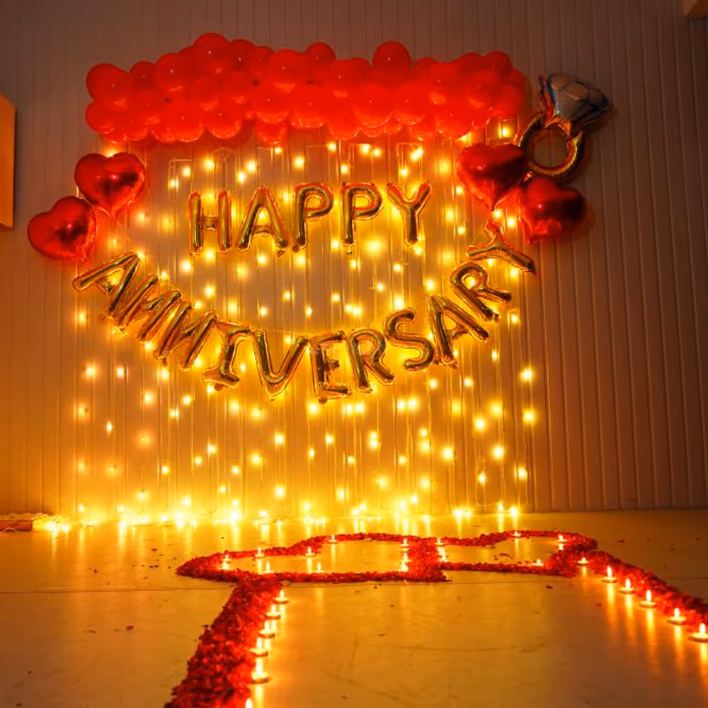 Vibrant red balloons symbolize the intensity of your love, while tea light candles create an intimate ambience, casting a warm glow on your special moments.