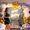 Classic décor with the grey and golden theme and silver sequin backdrop adds sparkle to your event.