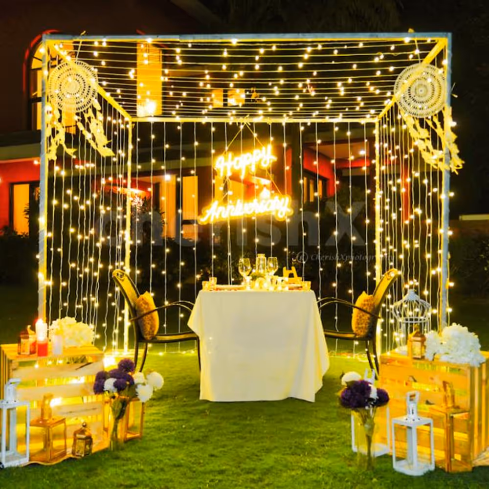 A breathtaking outdoor dinner at Manesar Rosa Sangeet, where fairy lights illuminate the night and create an atmosphere of bliss.