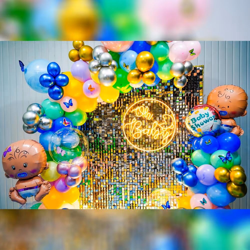 Our carefully curated decor, featuring a Sequence panel-Silver and an Oh Baby Neon Light, sets the stage for a truly memorable baby shower celebration.