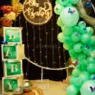 The delicate pastel green balloons, adorned with transparent bubble balloons, create a whimsical and ethereal ambience.