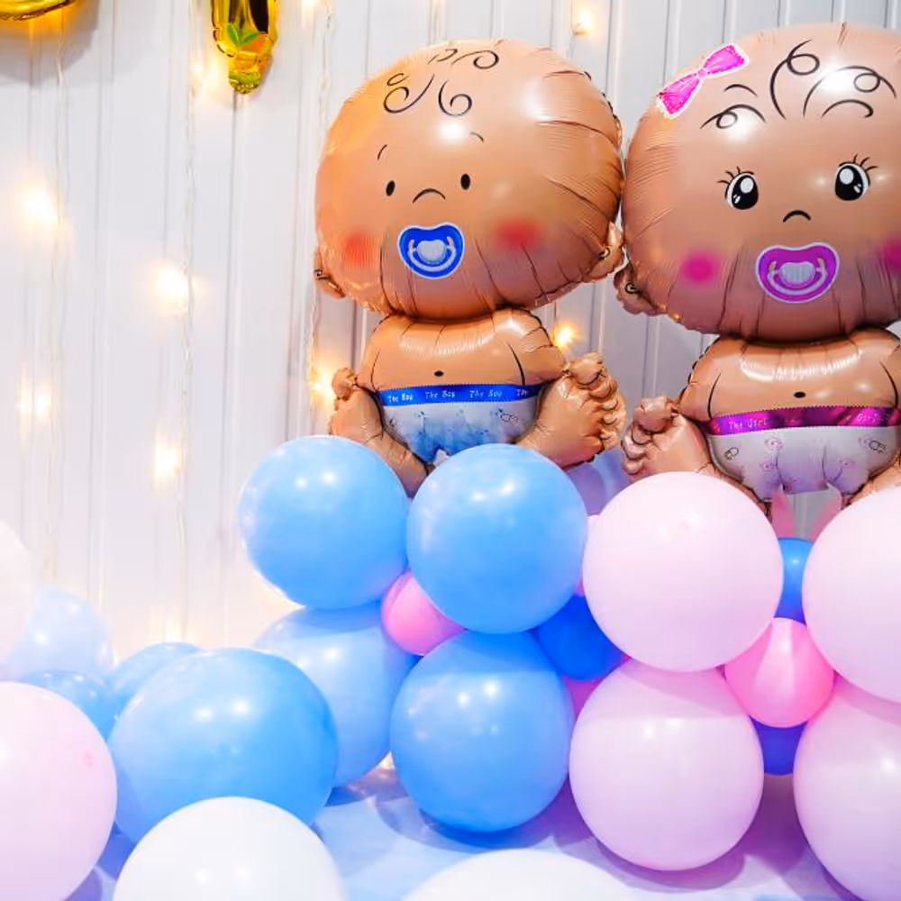 Indulge in the enchantment of delicate pastel balloons, twinkling stars, & adorable baby-themed accents with our Pretty in Pink & Baby Blue Bliss Baby Shower decor.