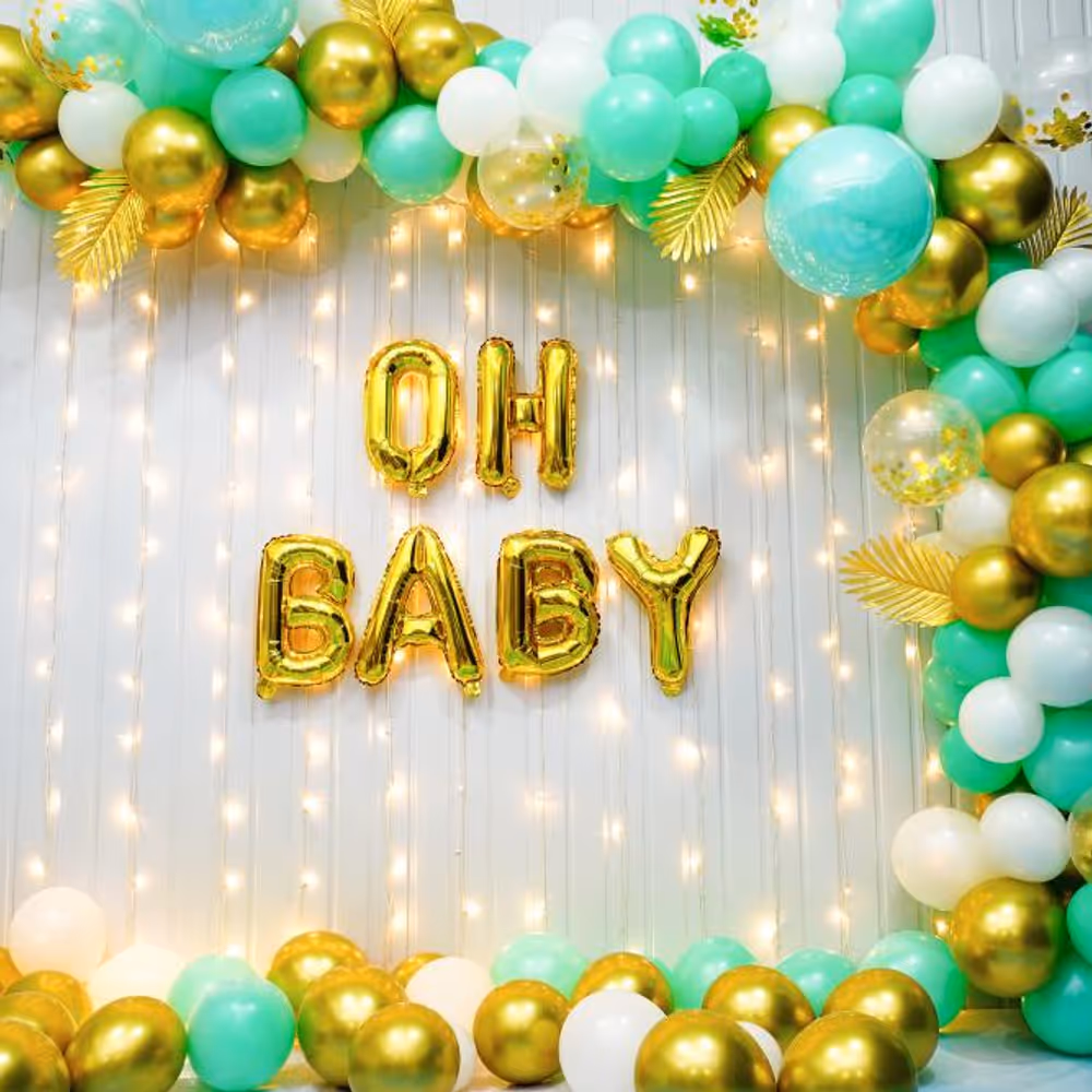 The combination of golden balloons with green balloons evokes a sense of elegance, nature, and excitement.