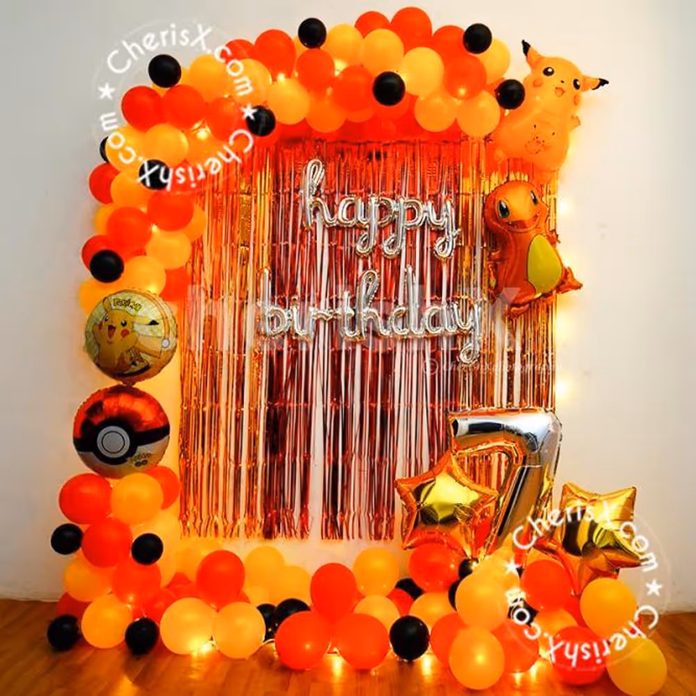 Have a wonderful evening party celebration with an exclusive Pokemon theme décor, coupled with cakes, lights, balloons, and birthday silver balloon banner