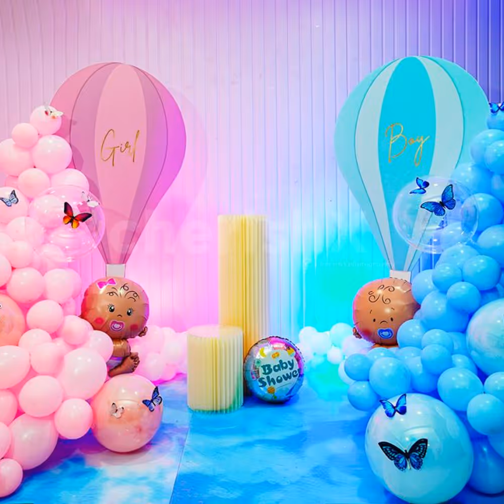 A whimsical Parachute Pitter Patter-themed Baby Shower decoration.