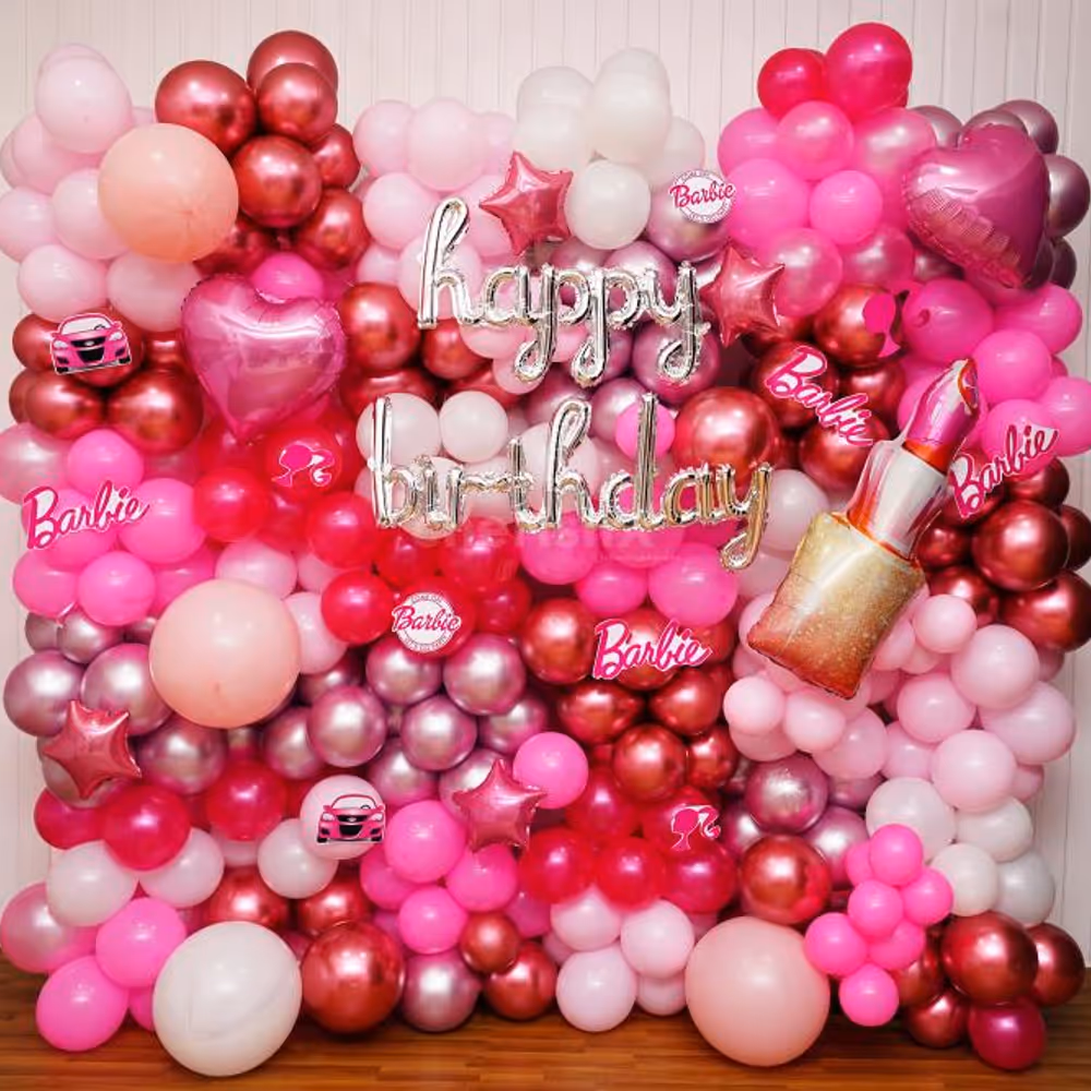 An elegant Barbie theme birthday decor backdrop comes with a silver Happy Birthday Balloon!