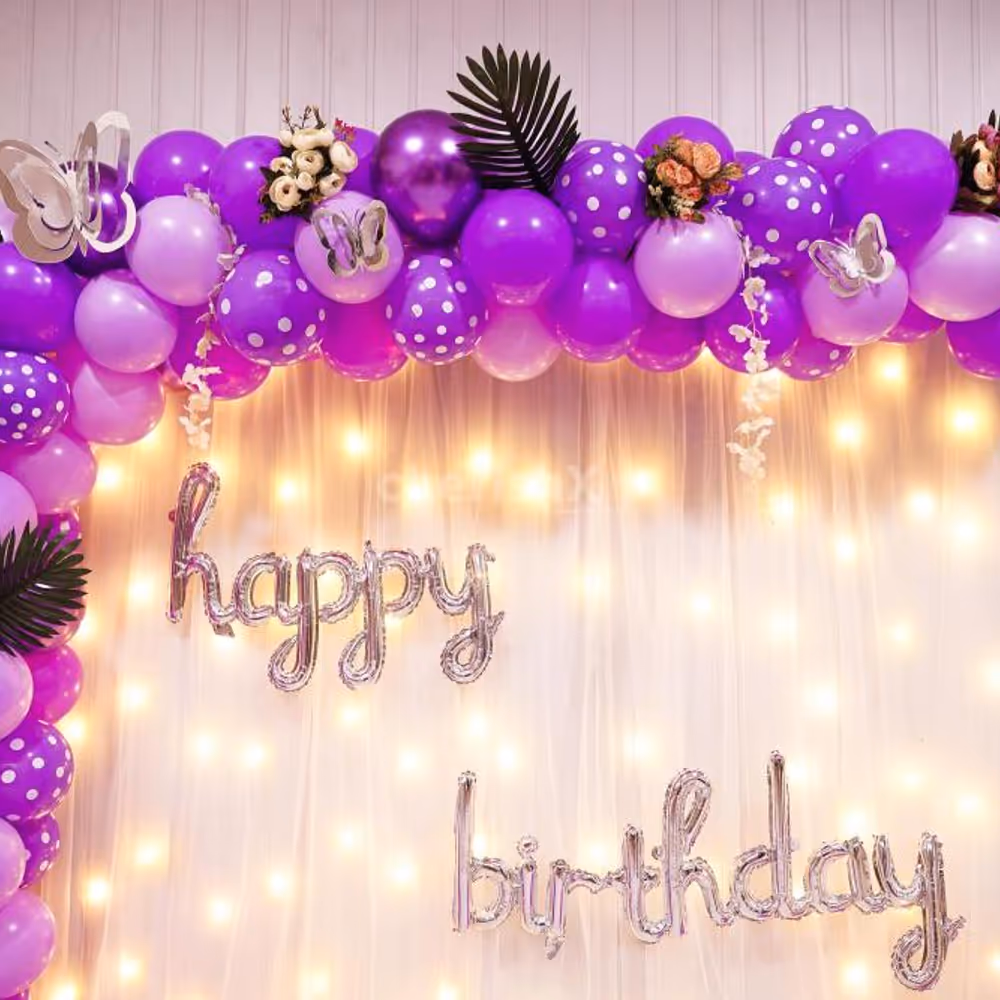 Splendid happy birthday foil balloons and pixel lights cast a mesmerizing glow.