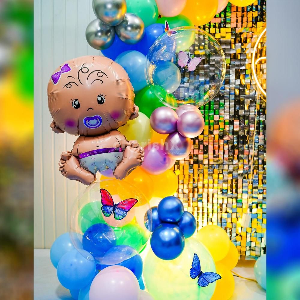 Indulge in the beauty of a rainbow-inspired backdrop, adorned with a burst of balloons in various shades.