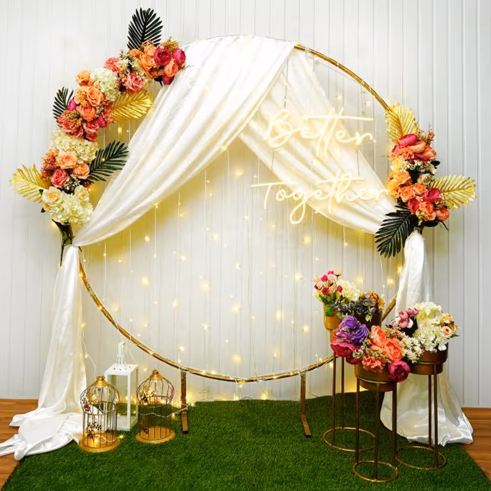 Flower bunches and pixel lights add elegance to the decorations.