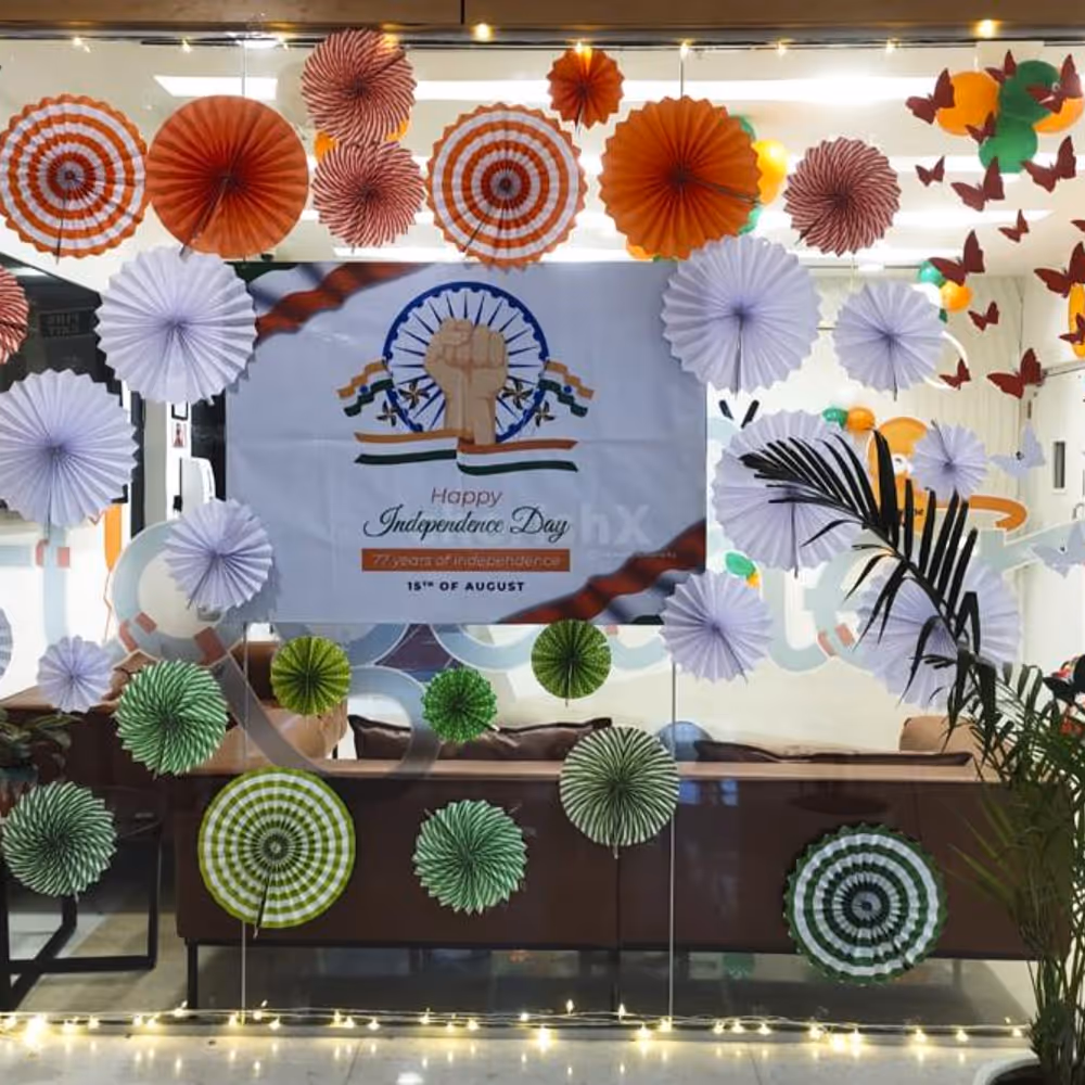 Tri-colour paper cutouts add a touch of patriotism to every corner.