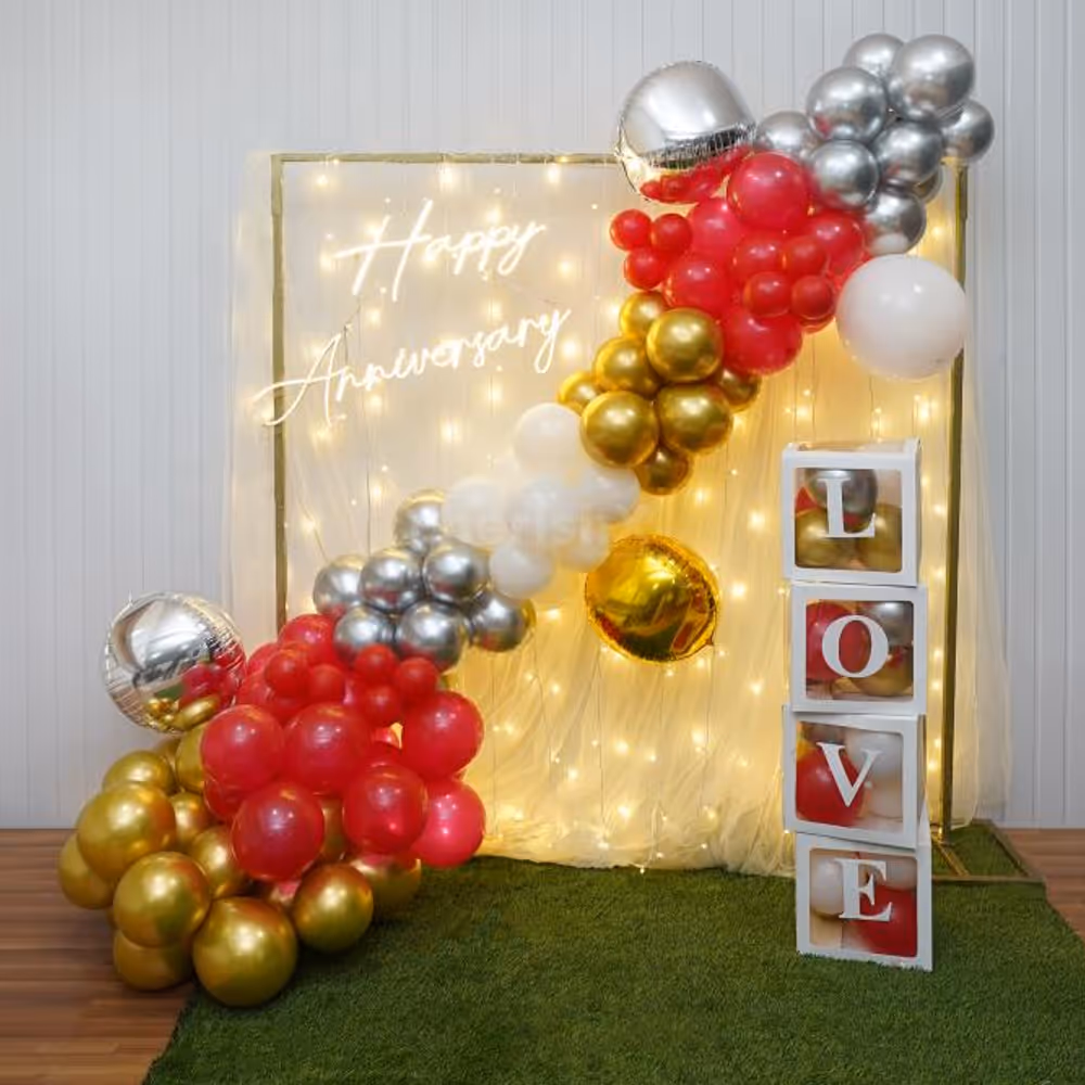 Pixel Lights, Red Carpet, and Love-Filled Balloon Arrangements Give a Captivating Look.