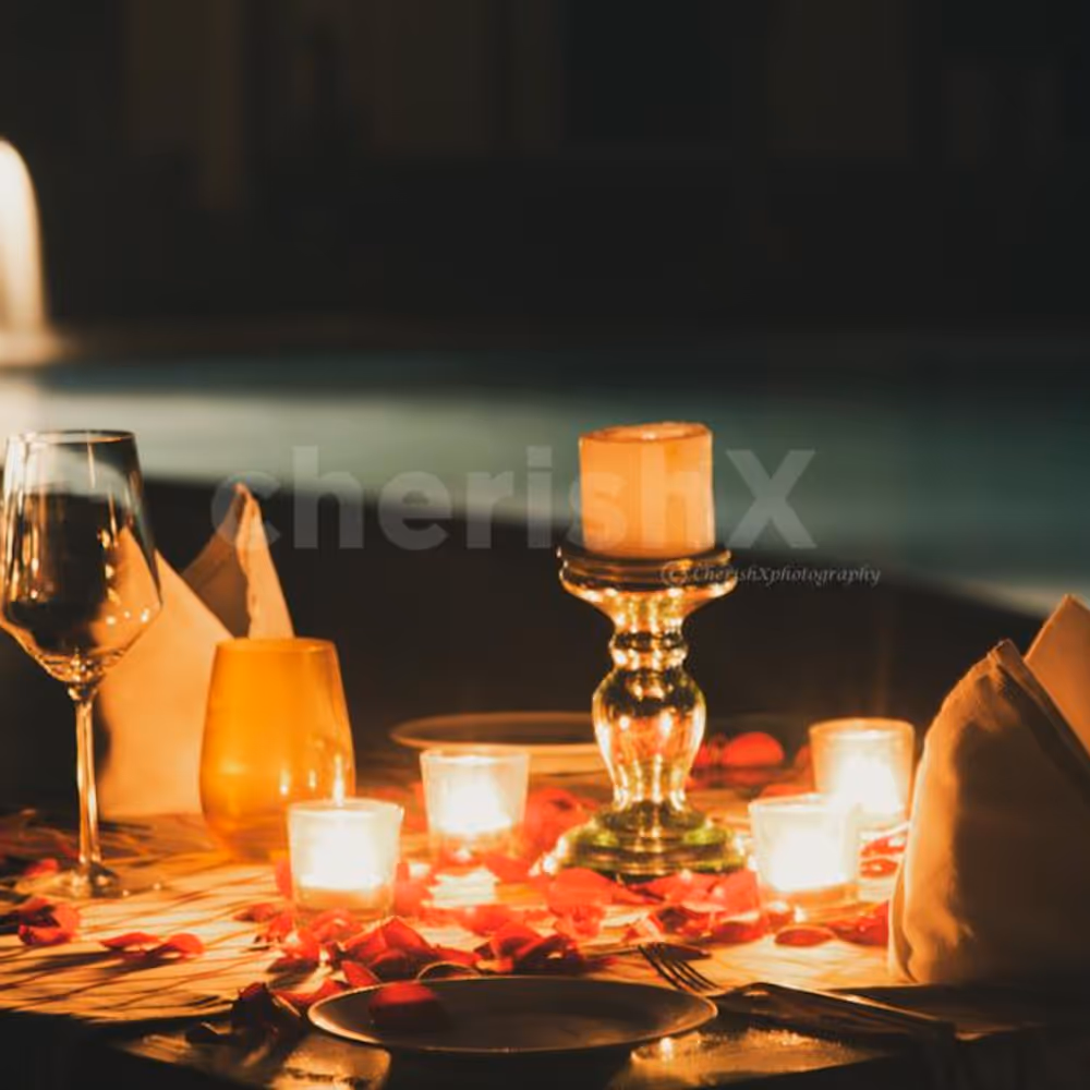 From welcome drinks to a 3-course veg feast, our table adorned with rose petals and balloons becomes your private haven.
