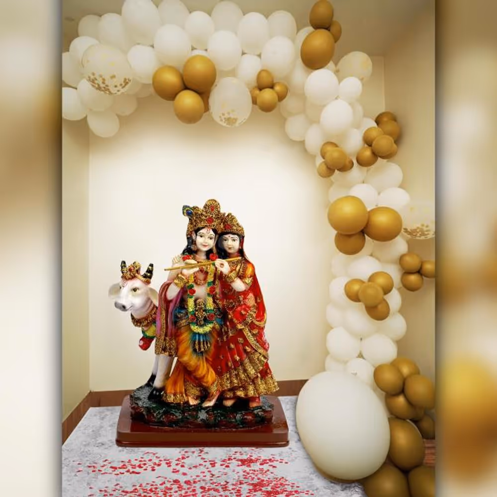 Elevate your Janmashtami with our enchanting White and Gold Balloon Decor, a symbol of spirituality and peace.