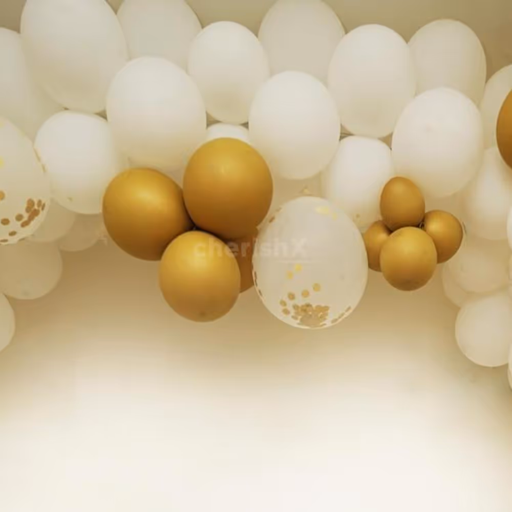 Make your celebrations extra special with our stunning Arch of Balloons featuring White Latex and Golden Chrome Balloons.