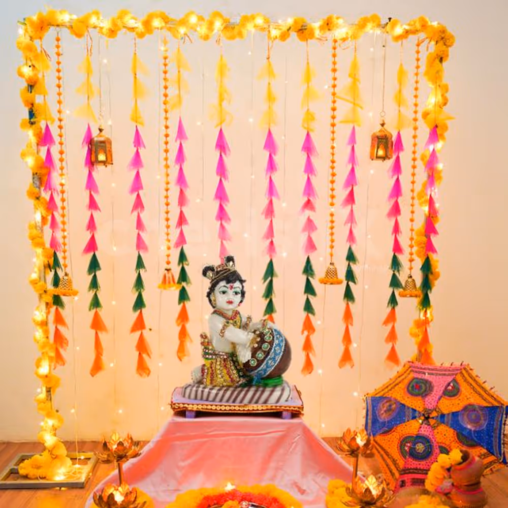 A rectangle stand draped in artificial yellow garlands looks aesthetic.