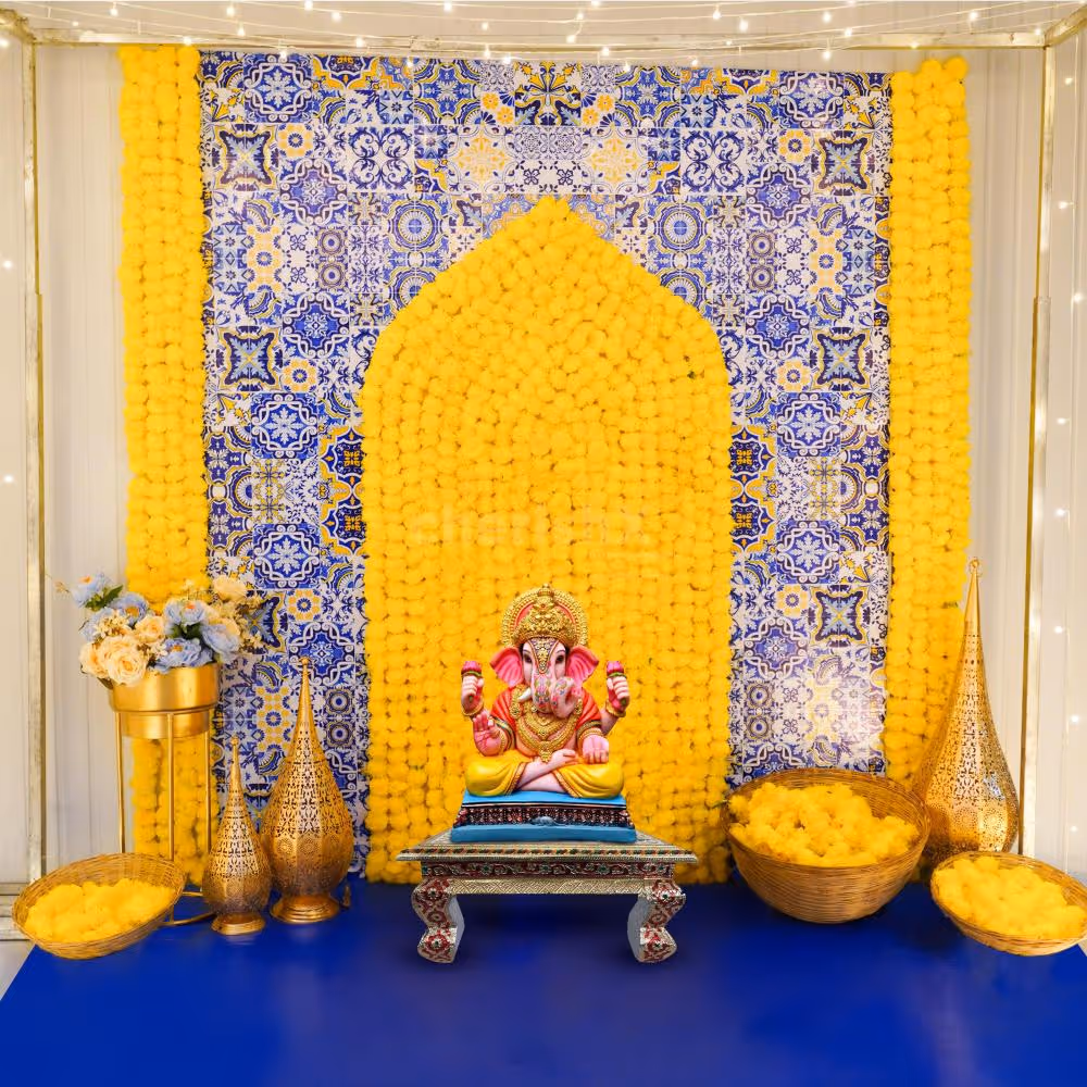 Transform your space into a realm of divine elegance with our Mediterranean-themed Ganesh Chaturthi decor.
