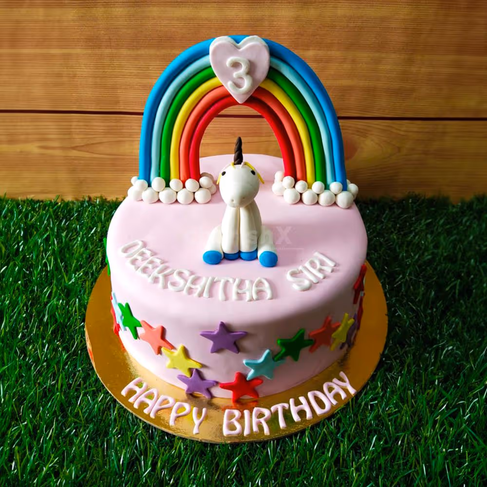 Elevate Your Celebration with Our Unicorn Theme Fondant Cake, Complete with a Whimsical Rainbow Topper!